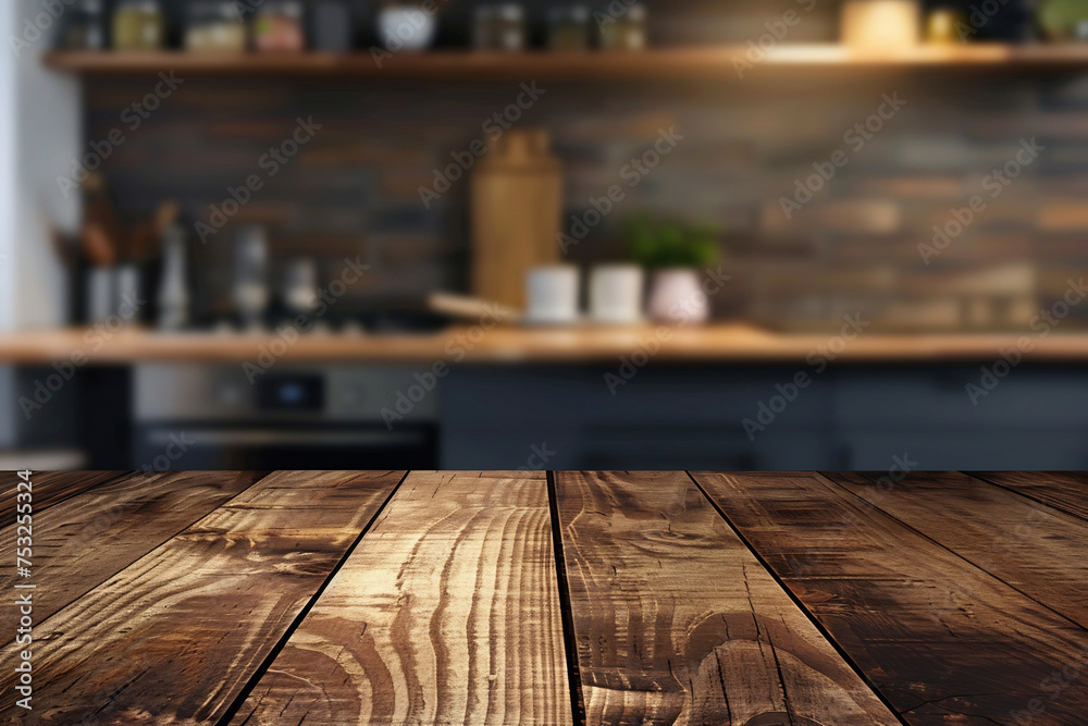 brown wooden kitchen table blurry background