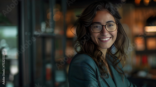 Radiant smile: young woman with glasses