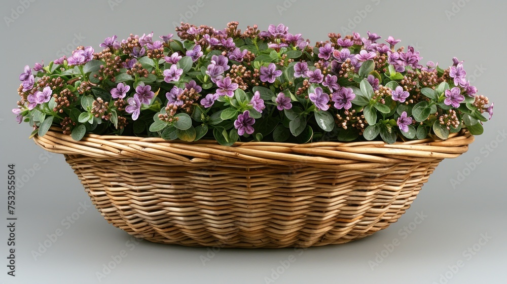 a wicker basket filled with purple flowers on top of a white table next to a planter filled with purple flowers.