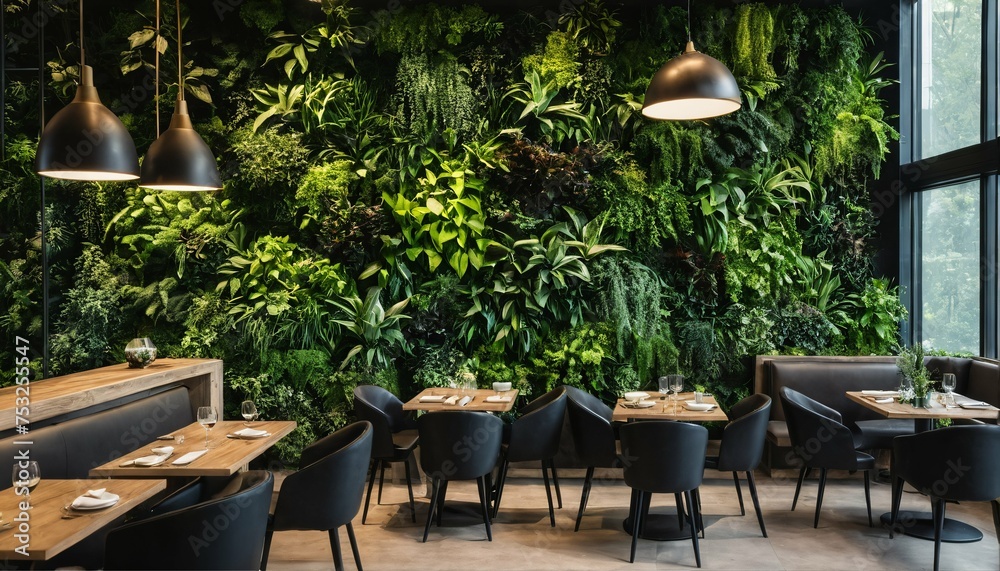 Modern cafe or restaurant featuring living green wall, biophilic design with vertical gardening, eco-friendly ambiance