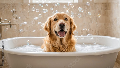 Happy golden retriever in a bathtub overflowing with soap foam