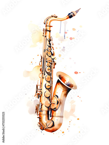 Watercolor illustration of a saxophone instrument on white background