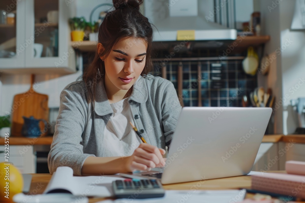 A woman is sitting at a table with a laptop and a pencil. She is writing something. A woman is sitting at a table with a laptop and a pencil. She is writing something.