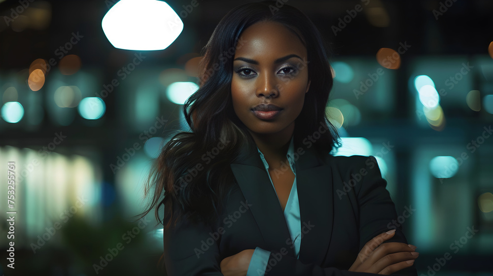 Obraz premium Confident businesswoman in urban night setting