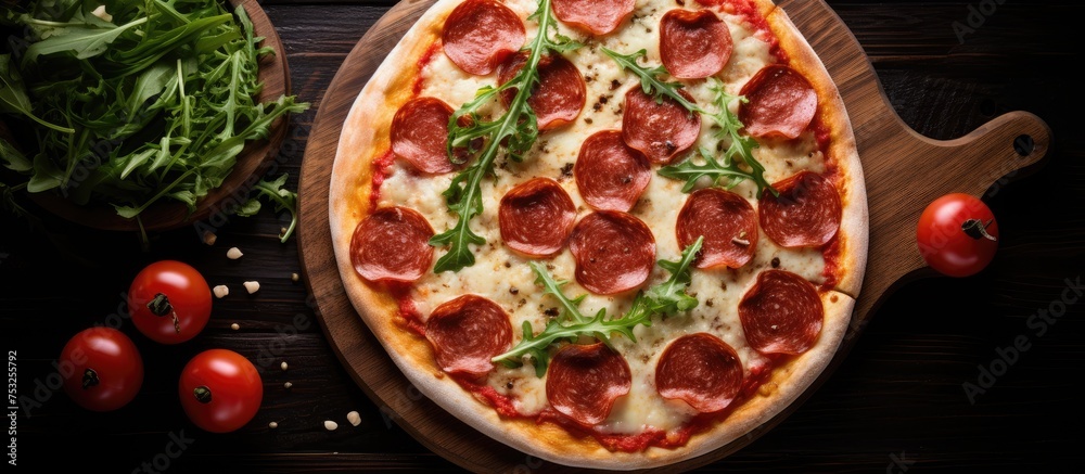 Delicious Pepperoni Pizza on Rustic Wooden Board, Perfect Italian Cuisine Dish Delicious Pepperoni Pizza on Rustic Wooden Board, Perfect Italian Cuisine Dish