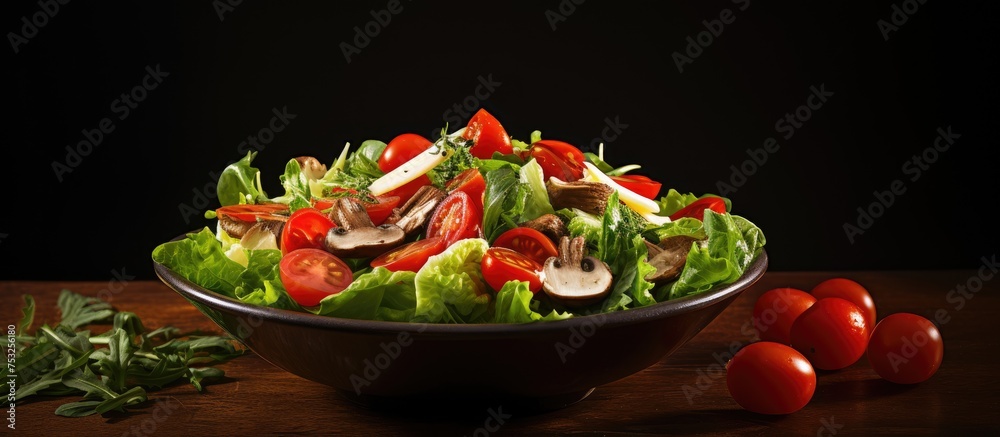 Vibrant Bowl of Fresh Salad Featuring Colorful Mushrooms and Juicy Tomatoes