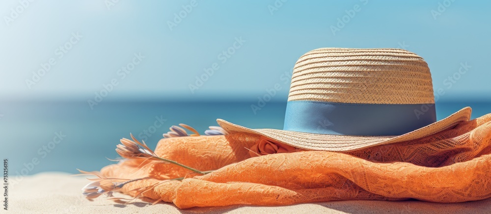 Solitude at the Shore: A Hat and Scarf on a Lonesome Beach, Embracing Silence and Serenity - obrazy, fototapety, plakaty 