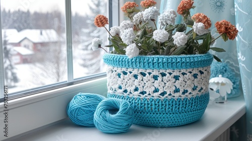 a crocheted basket with flowers on a window sill next to a ball of yarn and a ball of yarn. photo