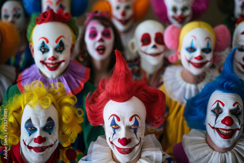A group of clowns with red hair and painted faces are smiling for the camera. Scene is lighthearted and fun, as the clowns are posing for a photo. Clowns show various facial expressions. © Nataliia_Trushchenko