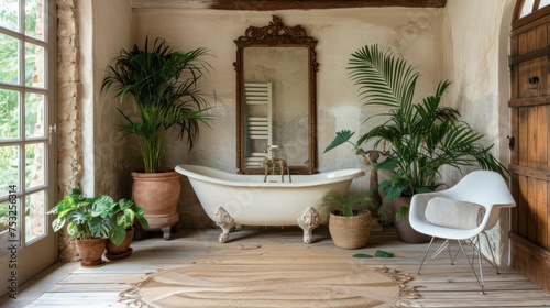 a bathroom with a claw foot tub, mirror, potted plants, a chair and a mirror on the wall. © Olga