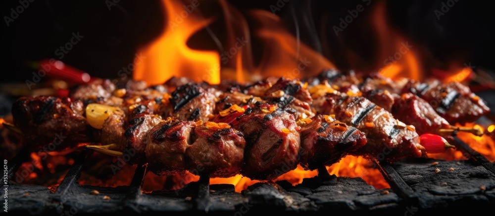 Sizzling Grill Cooking Juicy Meat Close Up, BBQ Barbecue Concept Sizzling Grill Cooking Juicy Meat Close Up, BBQ Barbecue Concept