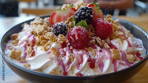 a close up of a bowl of food with strawberries and other toppings on top of a wooden table. photo