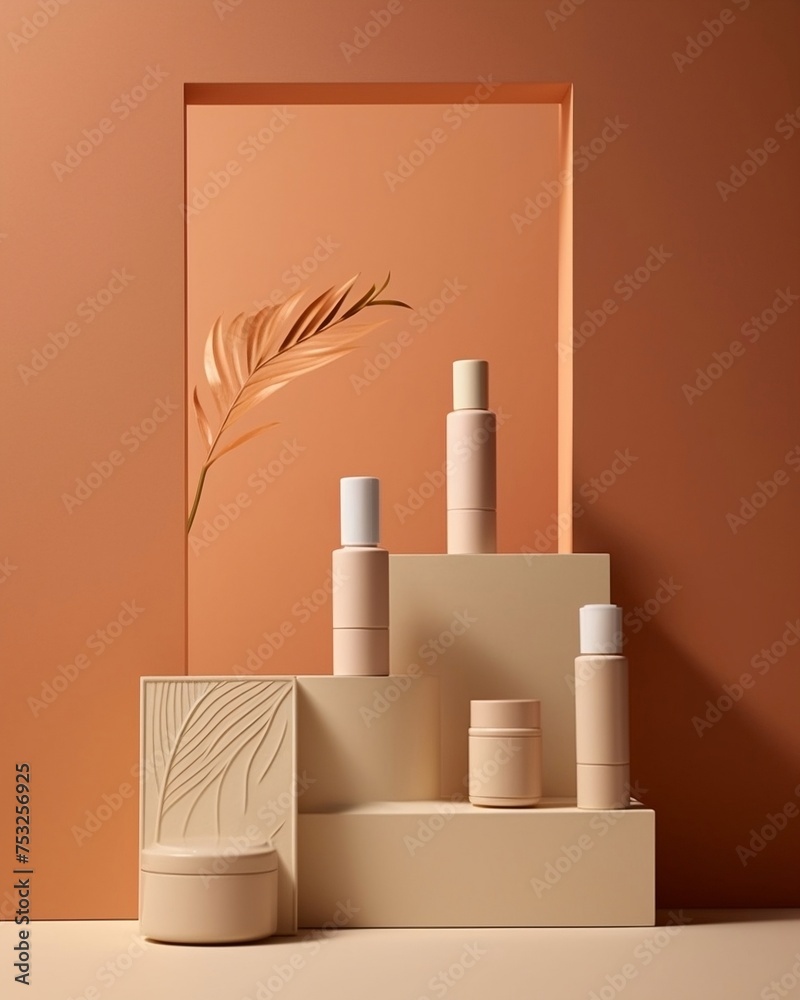 Skincare products on shelf with ceramic jars and palm leaf
