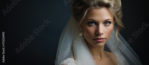 Elegant Bride in Stunning Wedding Gown and Veil Embracing the Day of Love and Joy photo