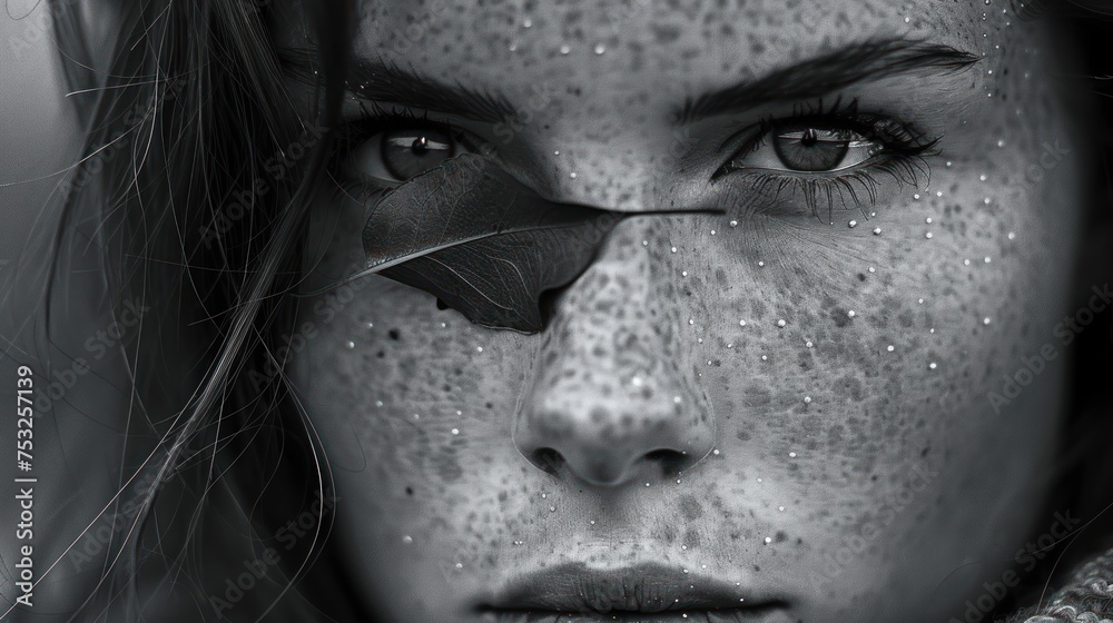 a black and white photo of a woman with freckles on her face and a leaf sticking out of her nose. a black and white photo of a woman with freckles on her face and a leaf sticking out of her nose.