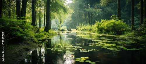 Tranquil Small Creek Flowing Through Lush Green Forest with Beautiful Water Lilies © vxnaghiyev