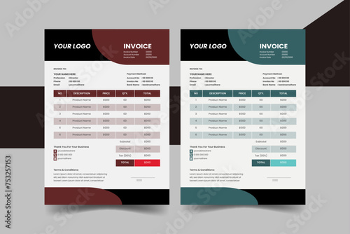 A Modern Minimal Invoice Layout and Business invoice form template. Invoicing quotes, money bills or price invoices and payment agreement design templates. Tax form, bill graphic or payment receipt