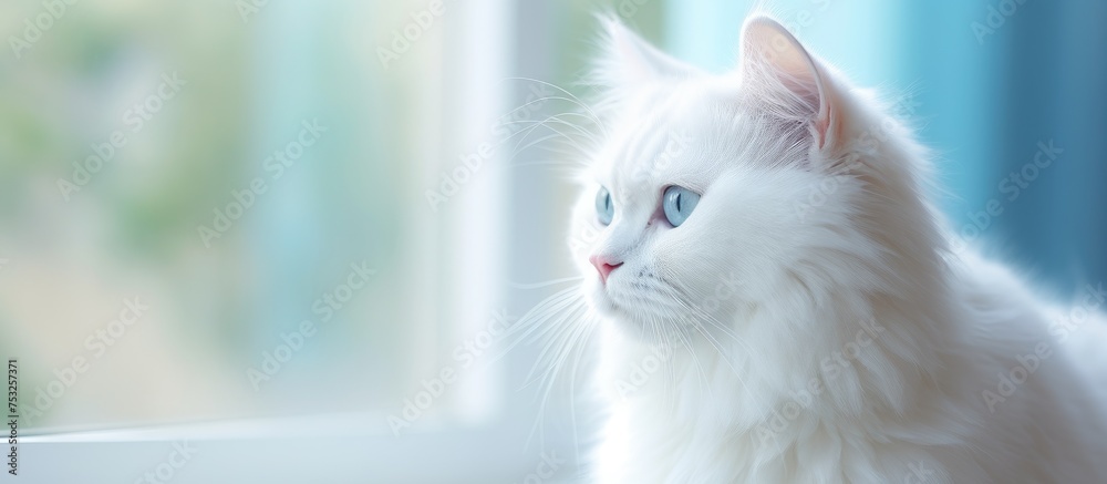 Serene White Cat with Mesmerizing Blue Eyes Gazing Out the Sunlit Window