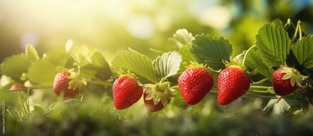 Vibrant Fresh Strawberries Scattered on White Background with Green Leaves - obrazy, fototapety, plakaty 