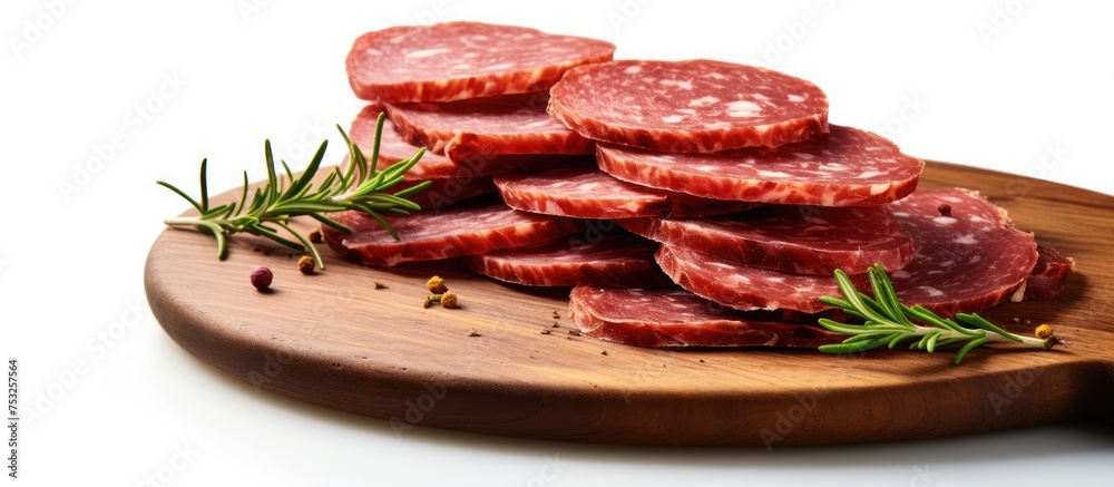 Rustic Wooden Cutting Board Displaying Sliced Salami Ready for a Gourmet Charcuterie Platter Rustic Wooden Cutting Board Displaying Sliced Salami Ready for a Gourmet Charcuterie Platter