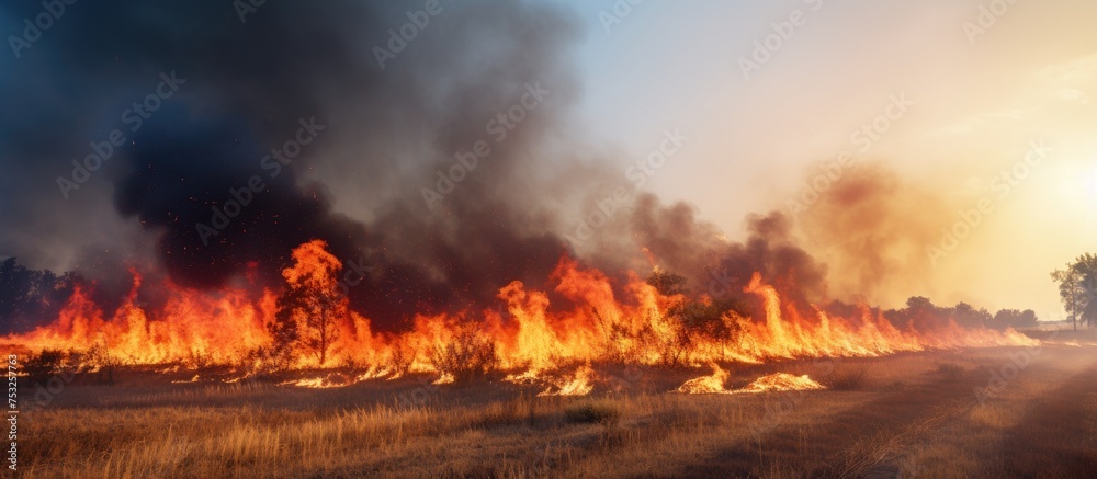 Intense Fire Conflagration Engulfs Dry Grassland Field with Billowing Smoke Columns