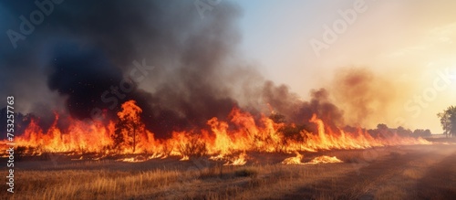 Intense Fire Conflagration Engulfs Dry Grassland Field with Billowing Smoke Columns © vxnaghiyev