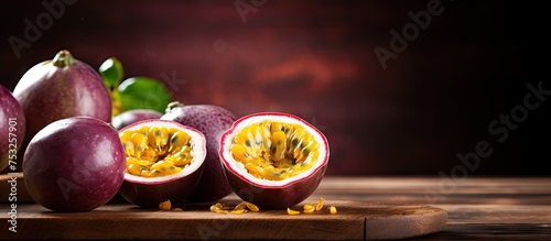 Vibrant Passion Fruit Displayed on a Wooden Cutting Board in a Fresh Kitchen Setting