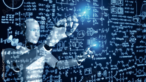 XAI 3d illustration AI hominoid robot touch screen of mathematics formula and science equation by using artificial intelligence thinking and machine learning process for the 4th industrial revolution