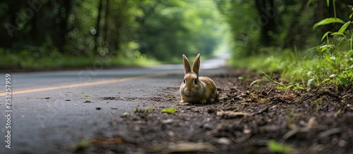 Curious bunny gazes from beside country road - Wildlife photography concept
