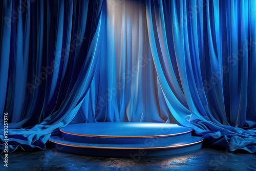 A blue curtain with a spotlight shining on it. The curtain is open to reveal a stage with a blue platform