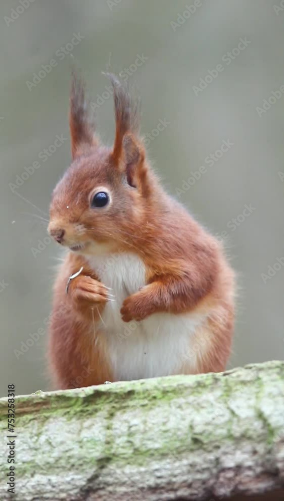 Of a small orange squirrel chewing while standing on a piece of wood. Of a small orange squirrel chewing while standing on a piece of wood.