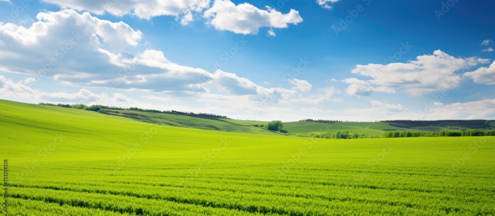 Obraz premium Tranquil Rural Scene: Vast Green Field under a Clear Blue Sky on a Sunny Day