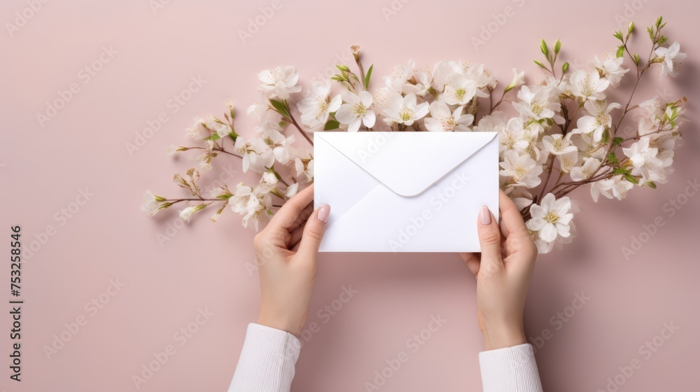 A paper envelope in the hands of a woman and flowers on the table. View from above. An invitation, a postcard and a letter. A paper envelope in the hands of a woman and flowers on the table. View from above. An invitation, a postcard and a letter.