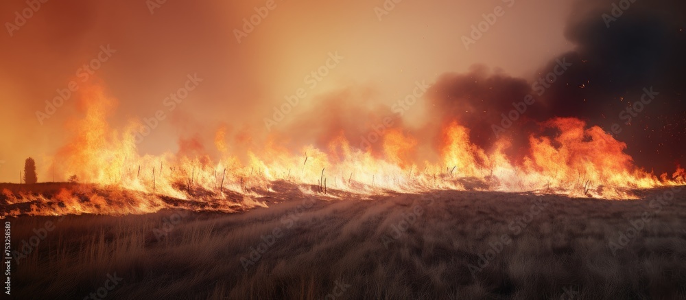 Intense Wildfire Engulfs Rural Landscape in a Fiery Blaze of Destruction