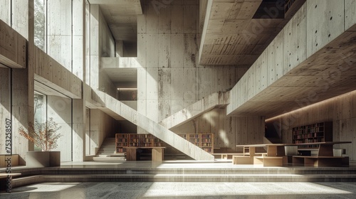 An interior shot of a brutalist library, focusing on the bold use of concrete and minimalistic design elements. photo