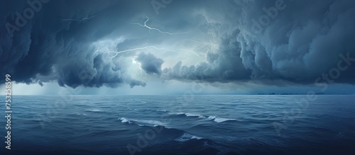 Intense Storm Brewing Over Turbulent Ocean with Dramatic Lightning Strike © vxnaghiyev