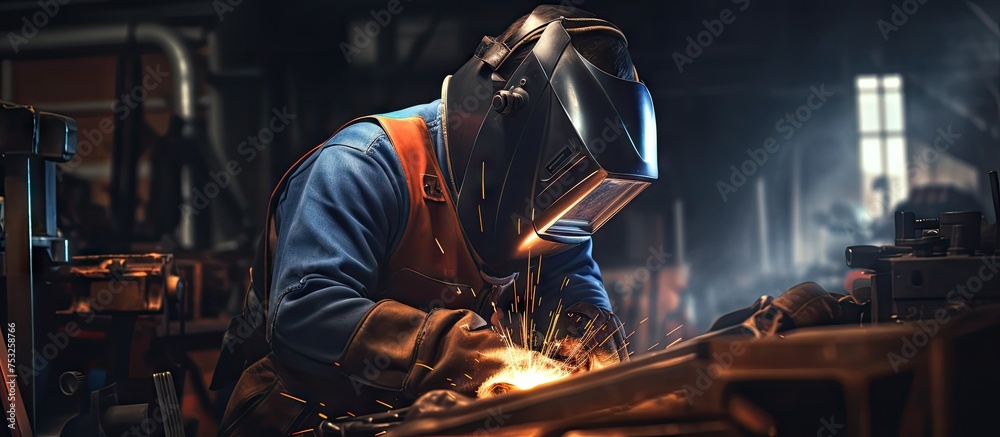 Skilled Welder Focused on Precision Work in a Busy Industrial Factory Environment