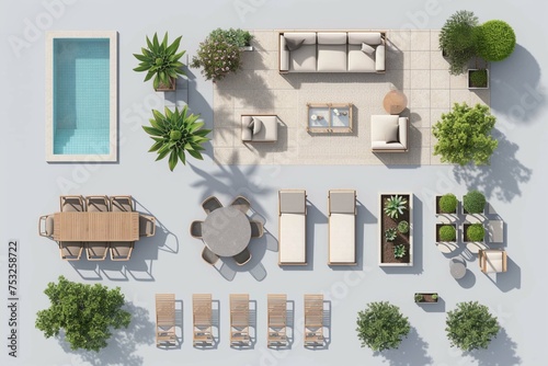Outdoor furniture top view icons for interior and landscape design plan. Sofa, armchairs, table, plants, sunbed, swimming pool for garden, terrace, patio, porch zone. Realistic illustration isolated photo