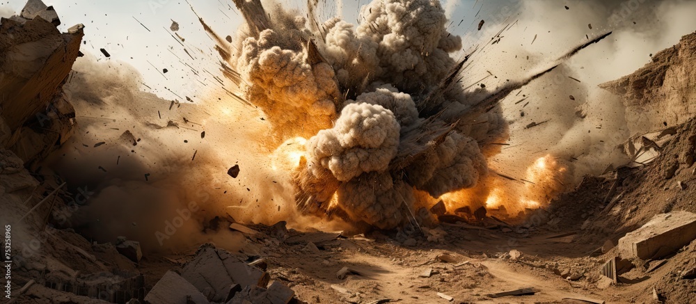 Dramatic Rock Explosion Sends Debris Flying into the Sky with Force and Destruction Dramatic Rock Explosion Sends Debris Flying into the Sky with Force and Destruction