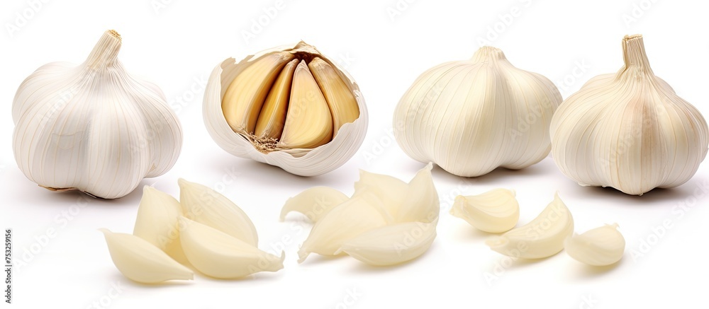 Fototapeta premium Fresh Organic Garlic Bulbs Arranged in a Rustic Setting, Farm-to-Table Concept