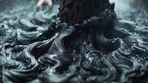 a close up of a tree in a body of water with a person's hand on top of it.