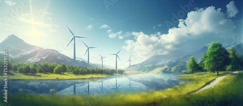Serene Lake Reflecting Majestic Mountain with Sustainable Wind Turbines © vxnaghiyev