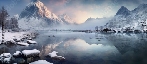 Majestic Snow-Capped Mountain Range Towering Over Serene Valley Landscape photo