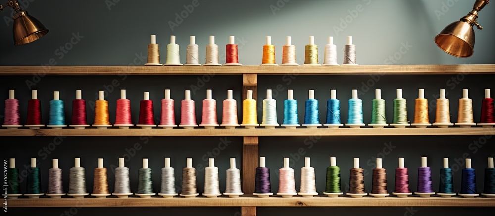 Vibrant Thread Spectrum: A Colorful Array of Sewing Spools on a Shelf