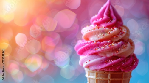 an ice cream cone with pink icing and sprinkles on a blue and pink blurry background.