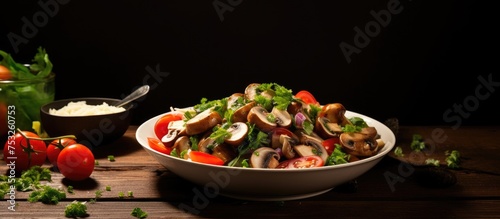 Fresh and Healthy Salad with Mushrooms, Tomatoes, and Onions on a White Plate