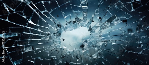 Dramatic Shattered Glass Window with a Circular Hole in the Center photo
