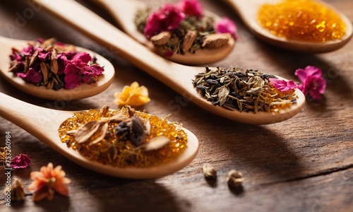 Variety of herbs and spices in wooden spoons on wooden table