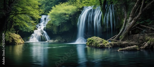 Serene Waterfall Cascading in Lush Green Forest - Nature's Tranquil Beauty