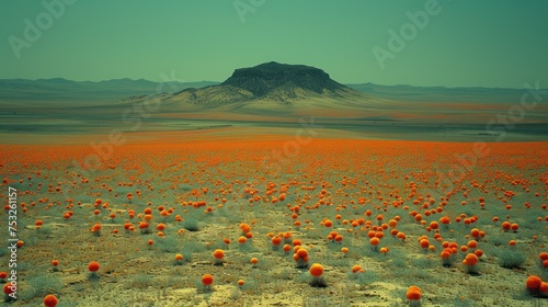 a large field of orange flowers with a mountain in the background of the desert in the distance.